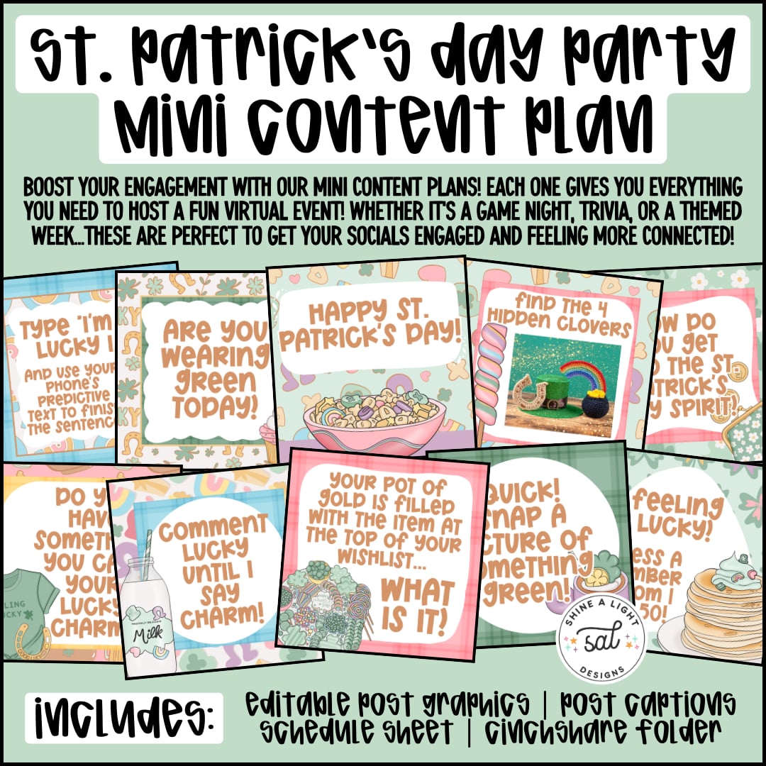 St Patrick's Day Party Mini Content Plan - Graphics, Schedule + Verbiage for Any Small Business!