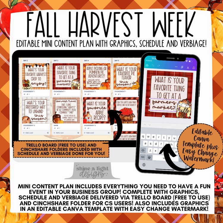 Fall Harvest Week Mini Content Plan - Graphics, Schedule + Verbiage for Any Small Business!