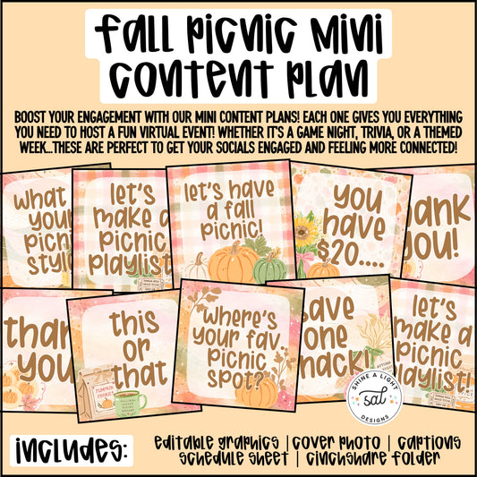 Fall Picnic Mini Content Plan - Graphics, Schedule + Verbiage for Any Small Business!