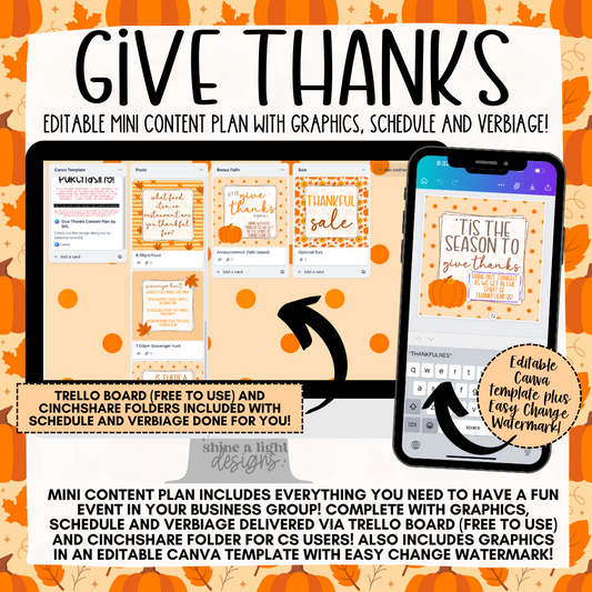 Give Thanks Mini Content Plan - Graphics, Schedule + Verbiage for Any Small Business!