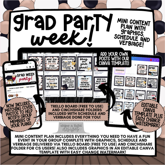Grad Party Week Content Plan - Graphics, Schedule + Verbiage for Any Small Business!