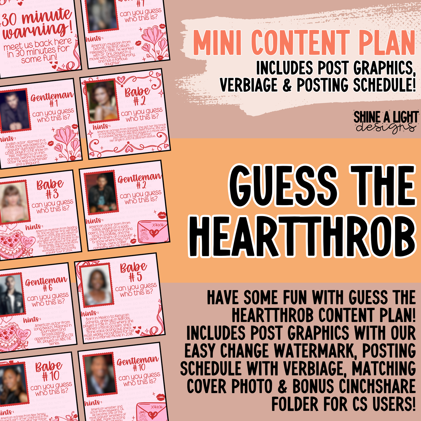 2025 Guess The Heartthrob Game Night Content Plan - Graphics, Schedule + Verbiage for Any Small Business!