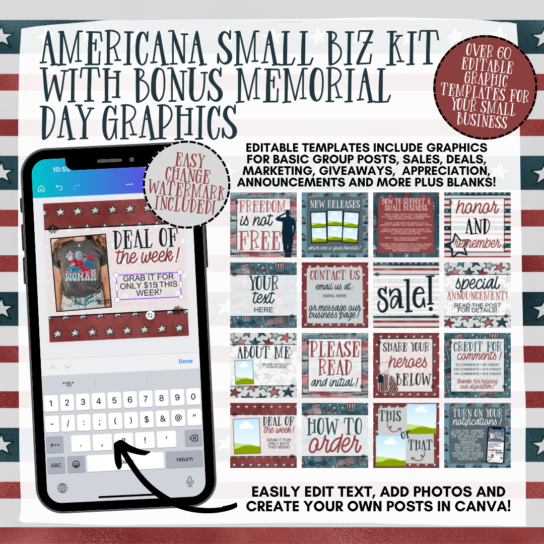 Canva-Editable Patriotic Small Biz Kit with Bonus Memorial Day Graphics