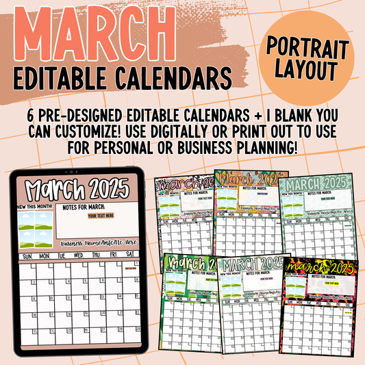 March 2025 Portrait Calendar Templates