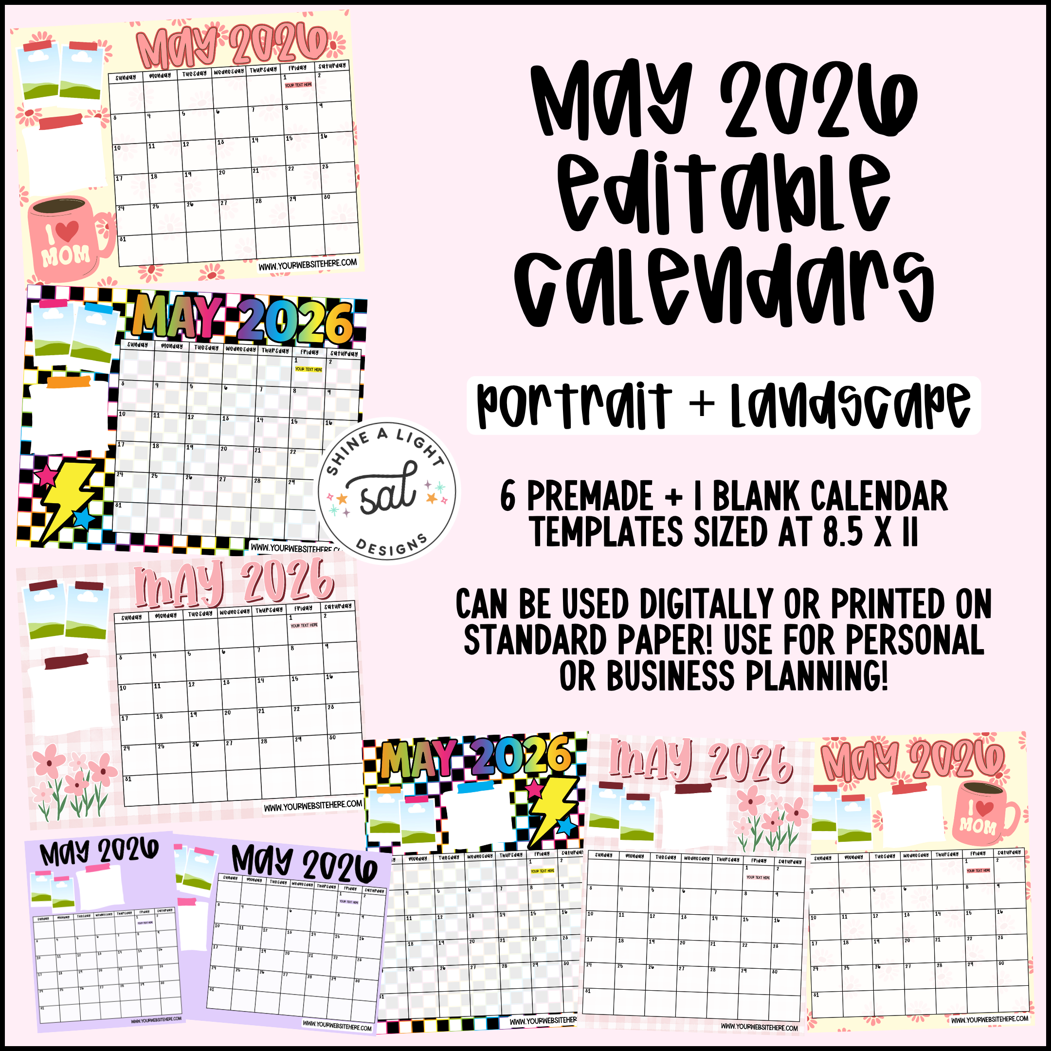 May 2026 Editable Calendars – Shine A Light Graphic Design