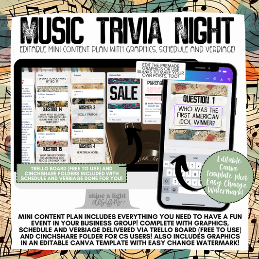 Music Trivia Mini Content Plan - Graphics, Schedule + Verbiage for Any Small Business!