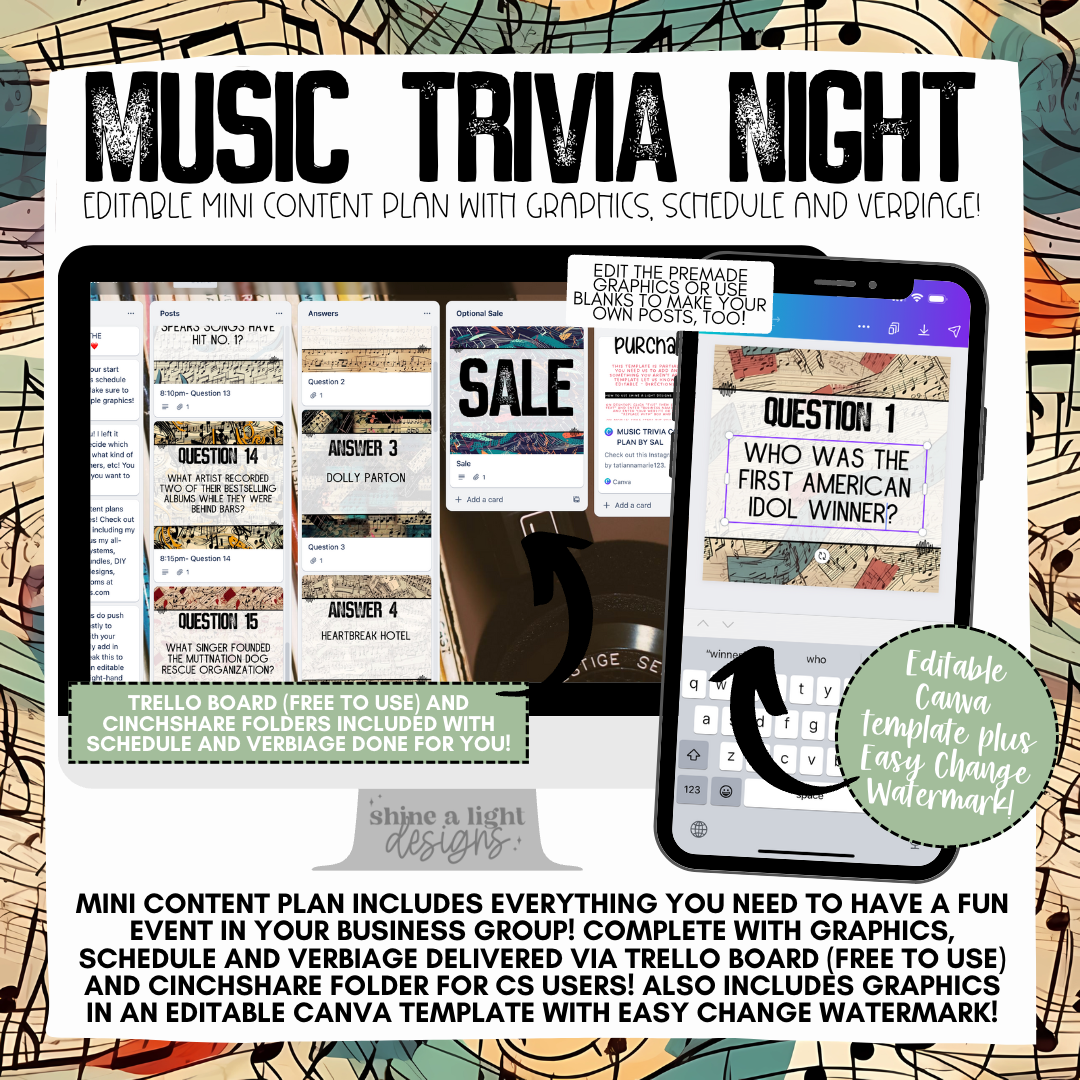 Music Trivia Mini Content Plan - Graphics, Schedule + Verbiage for Any Small Business!