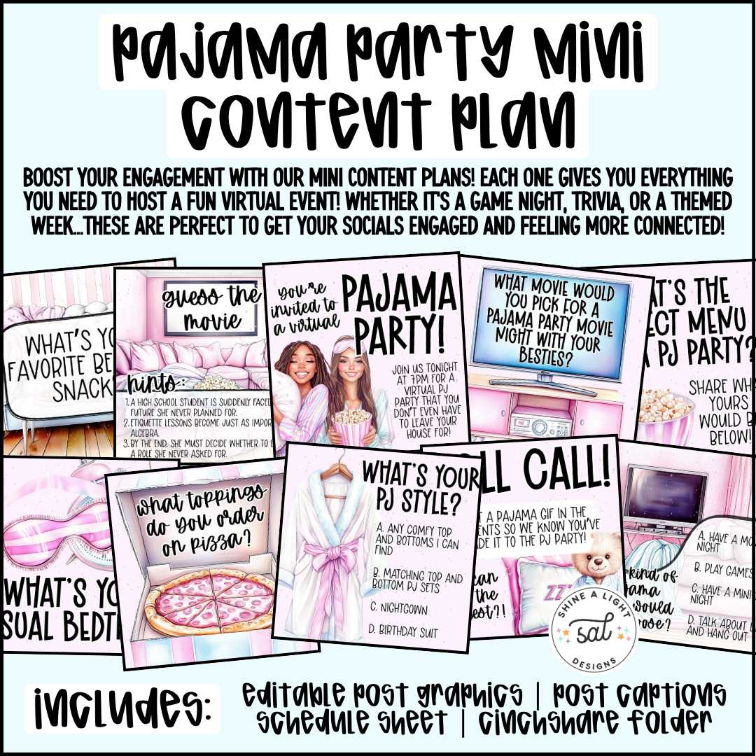 Pajama Party  Mini Content Plan - Graphics, Schedule + Verbiage for Any Small Business!
