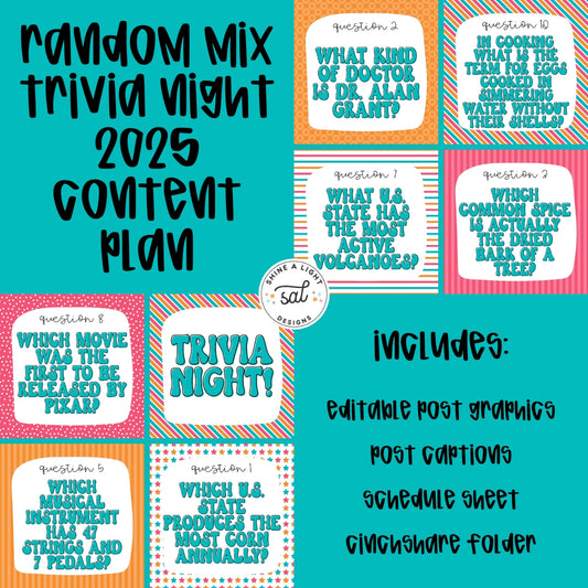 Random Mix Trivia 2025 Content Plan - Graphics, Schedule + Verbiage for Any Small Business!