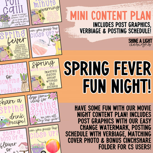 2025 Spring Fever Fun Night Content Plan - Graphics, Schedule + Verbiage for Any Small Business!