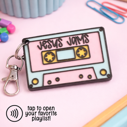 Jesus Jams NFC Cassette Keychain | Tap to Open Playlist Keychain | Faith-Based Music NFC Keychain | Christian Gift Idea