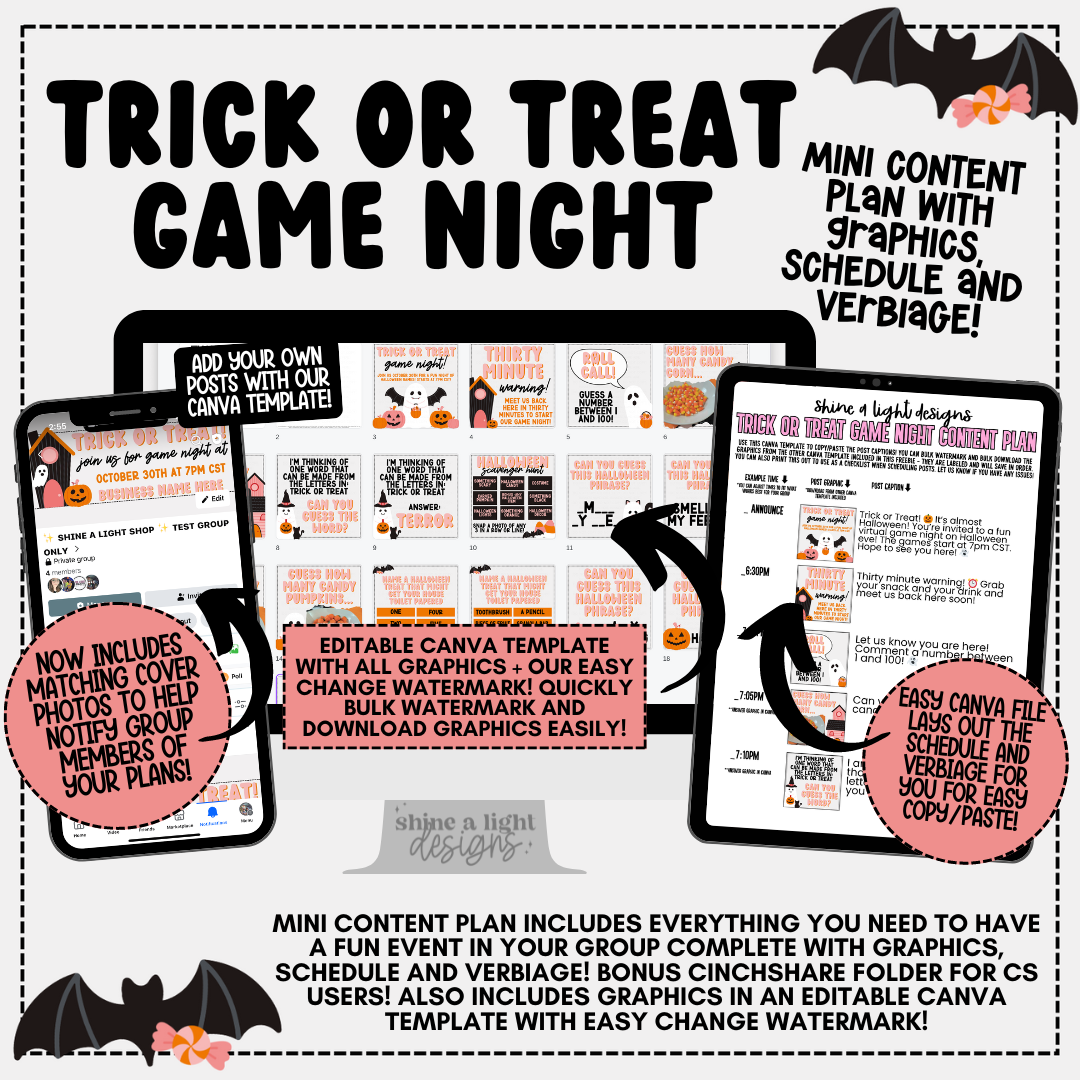 Trick or Treat Content Plan 2024- Graphics, Schedule + Verbiage for Any Small Business!