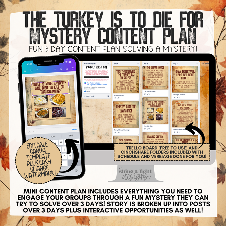The Turkey Is To Die For Murder Mystery Mini Content Plan - Graphics, Schedule + Verbiage for Any Small Business!