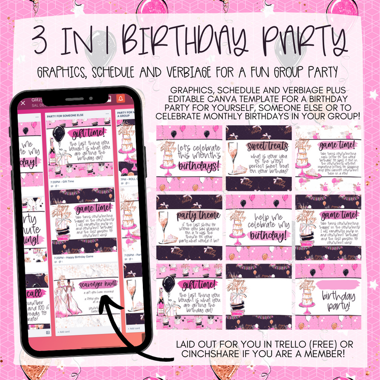 Glitzy Girl 3 in 1 Birthday Party Content Plan - Graphics, Schedule + Verbiage for Any Small Business!