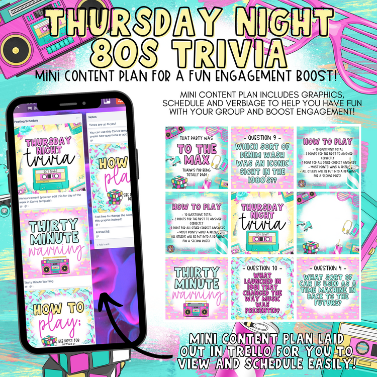 Thursday Night Trivia: 80s Edition! - Graphics, Schedule + Verbiage for Any Small Business!