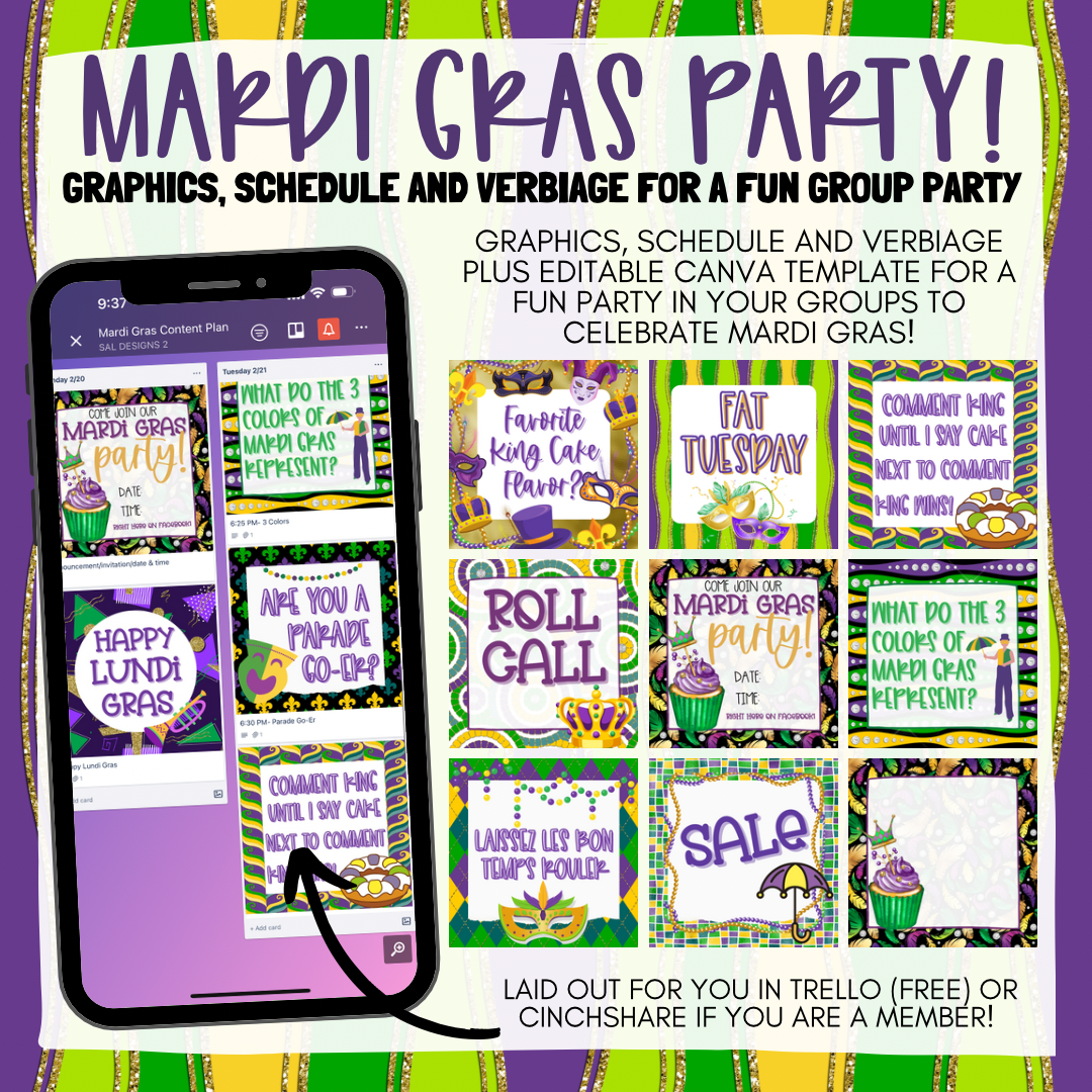 Mardi Gras Party Content Plan - Graphics, Schedule + Verbiage for Any Small Business!