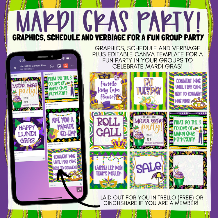Mardi Gras Party Content Plan - Graphics, Schedule + Verbiage for Any Small Business!