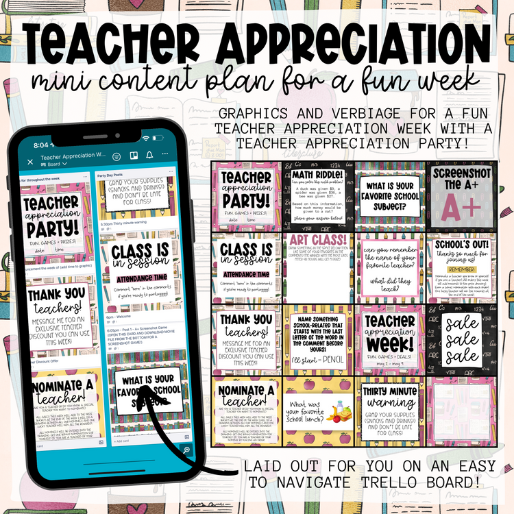 Teacher Appreciation Week - Graphics, Schedule + Verbiage for Any Small Business!