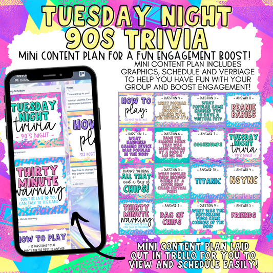 Tuesday Night Trivia: 90s Edition! - Graphics, Schedule + Verbiage for Any Small Business!