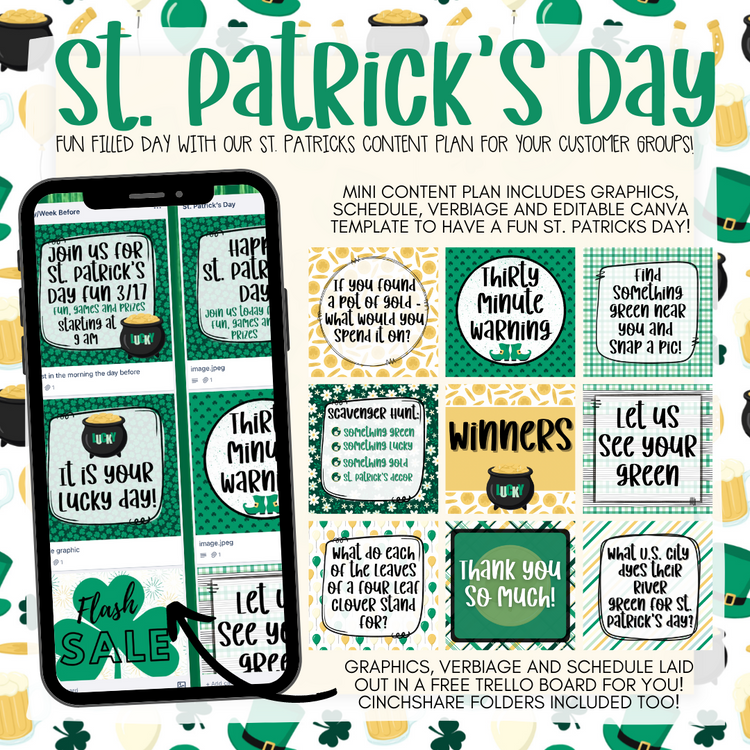 St. Patrick’s Day content plan - Graphics, Schedule + Verbiage for Any Small Business!